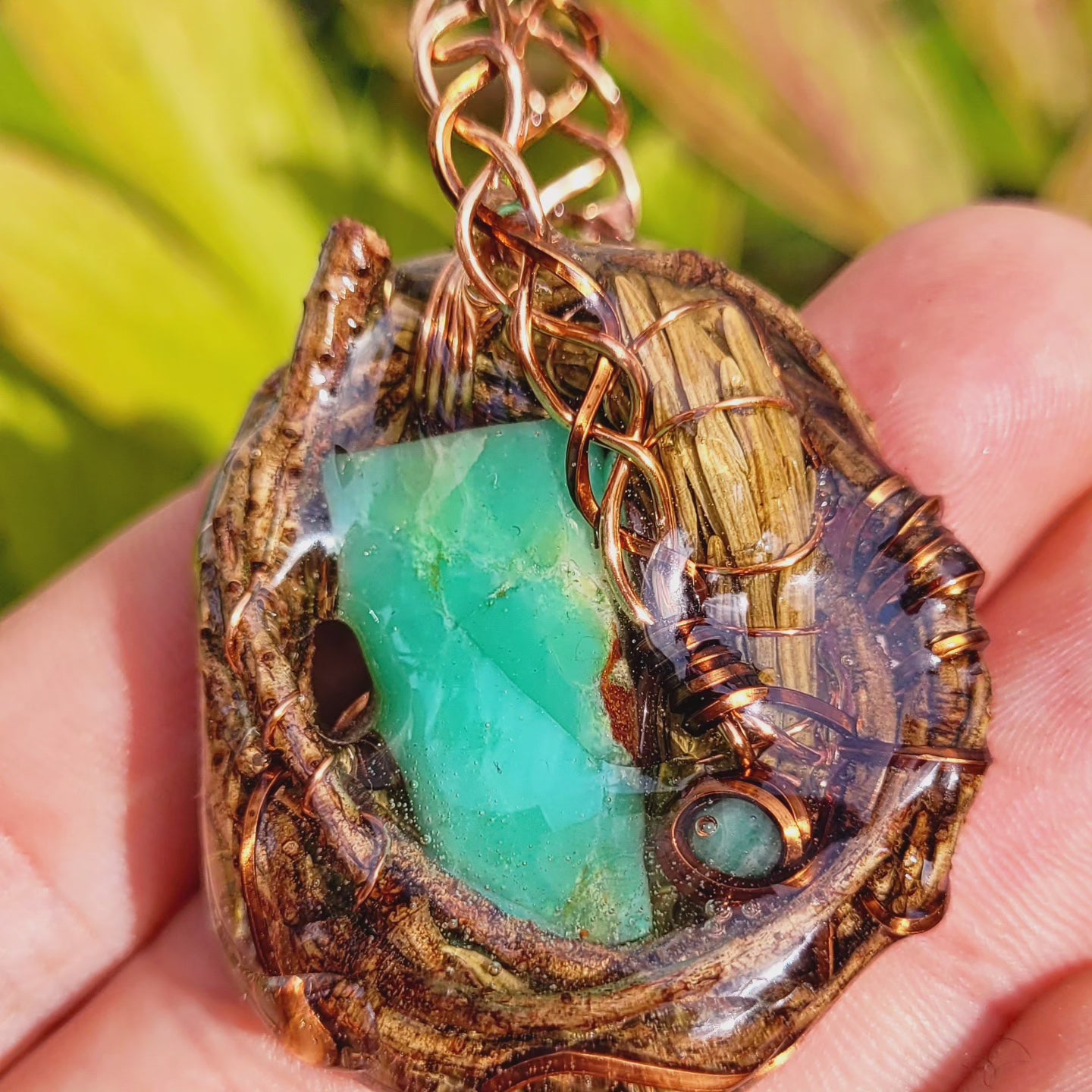 Double Sided, Chrysoprase and rough Emerald Nested in Douglas Fir