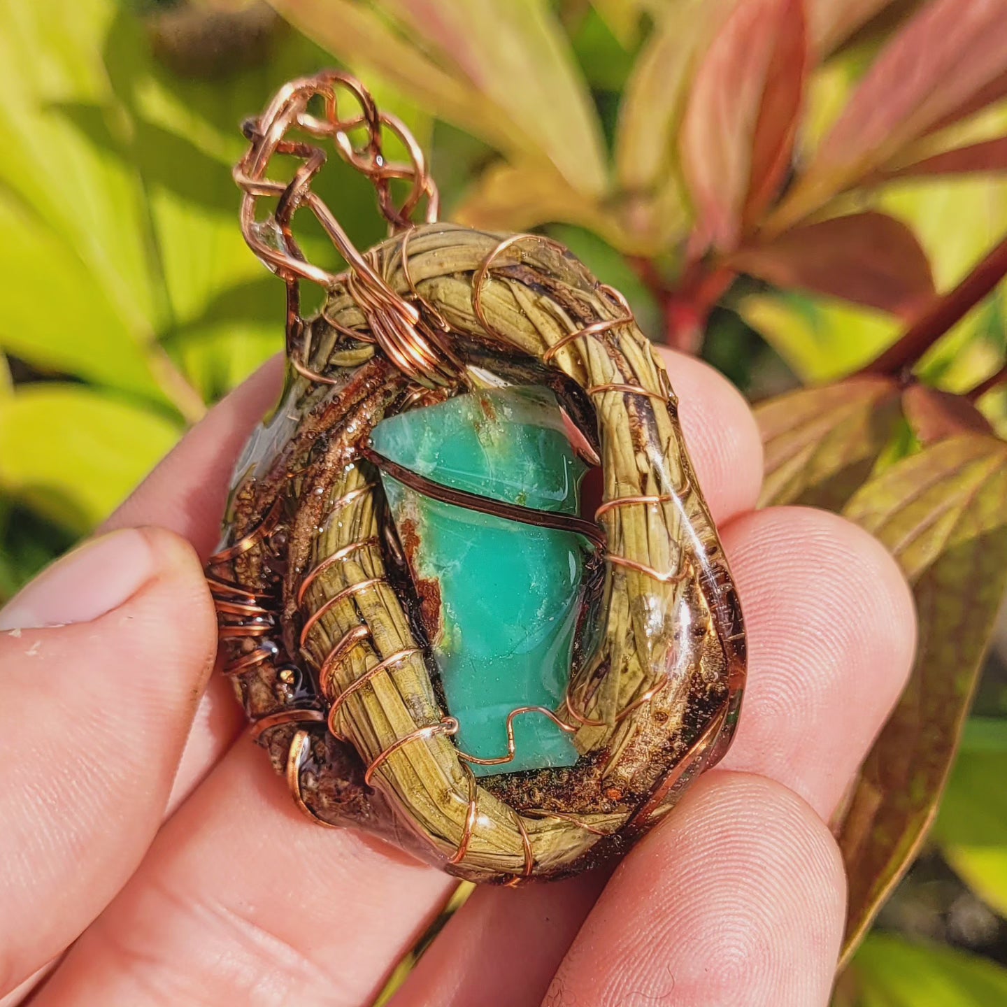 Double Sided, Chrysoprase and rough Emerald Nested in Douglas Fir