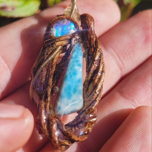 Larimar & Labradorite Nested in Douglas Fir and Silver