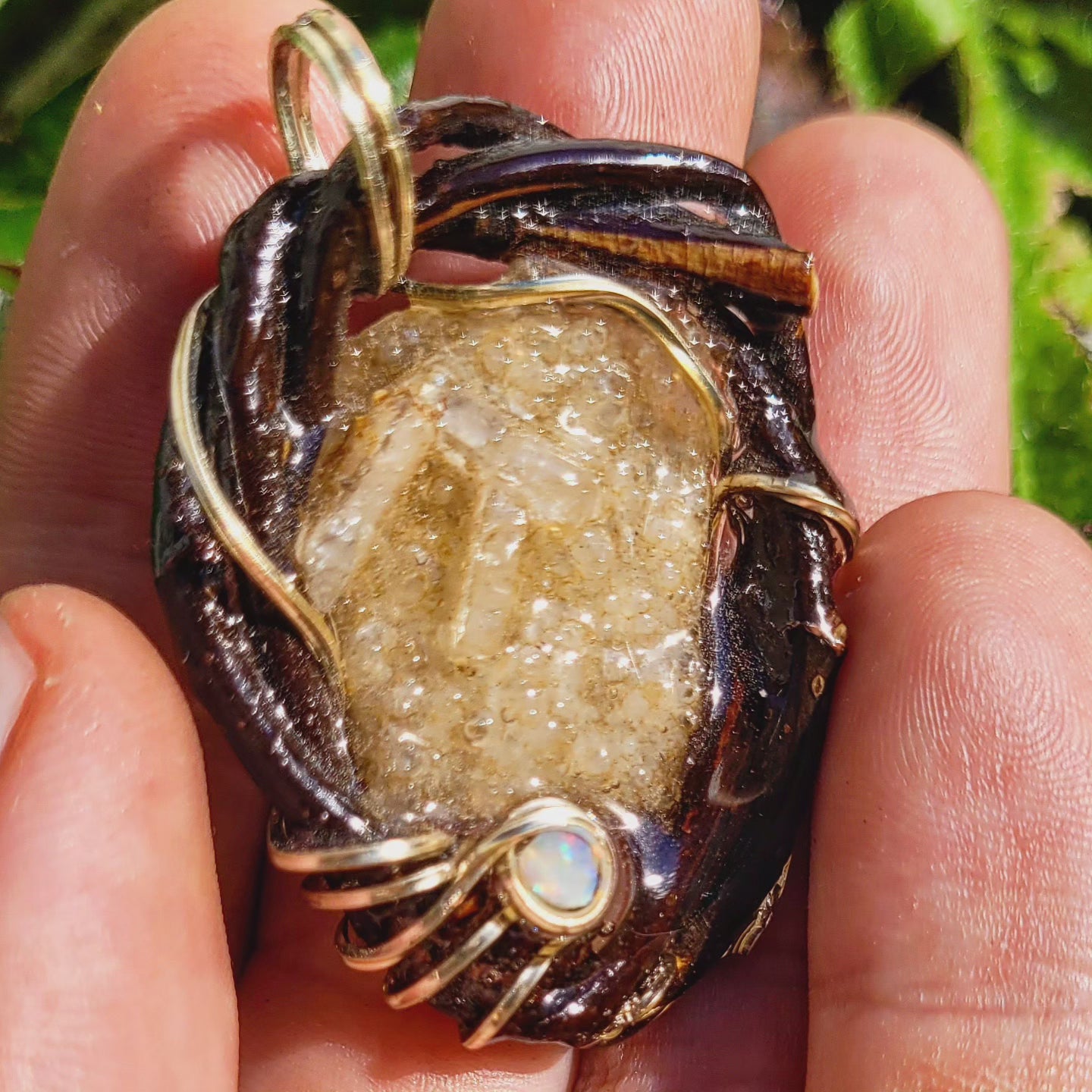 Quartz plate & Fire Opal Nested in Bloodwood and Silver