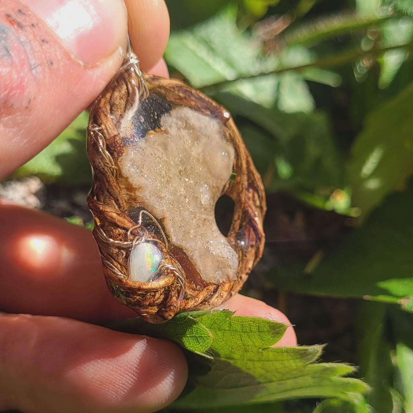 Quartz plate & Fire Opal Nested in Douglas Fir and Silver